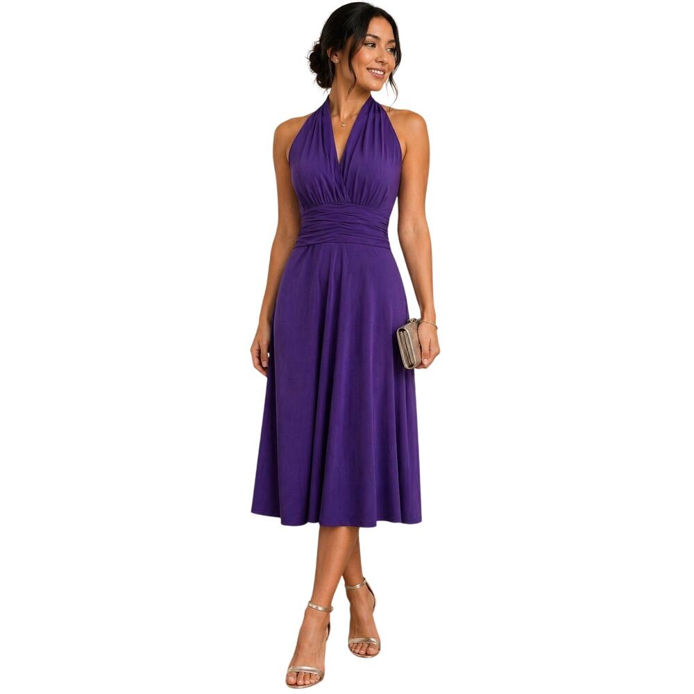 Evan Picone Purple Halter Midi Dress Petite 4 Ruched Waist A-Line